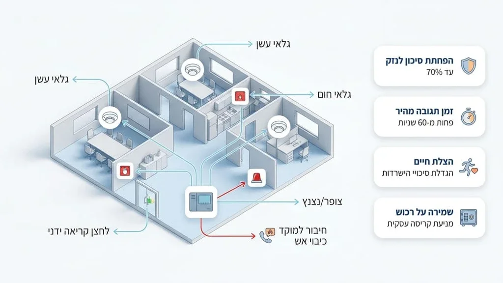 מערכת גילוי אש מותקנת בתקרת משרד מודרני