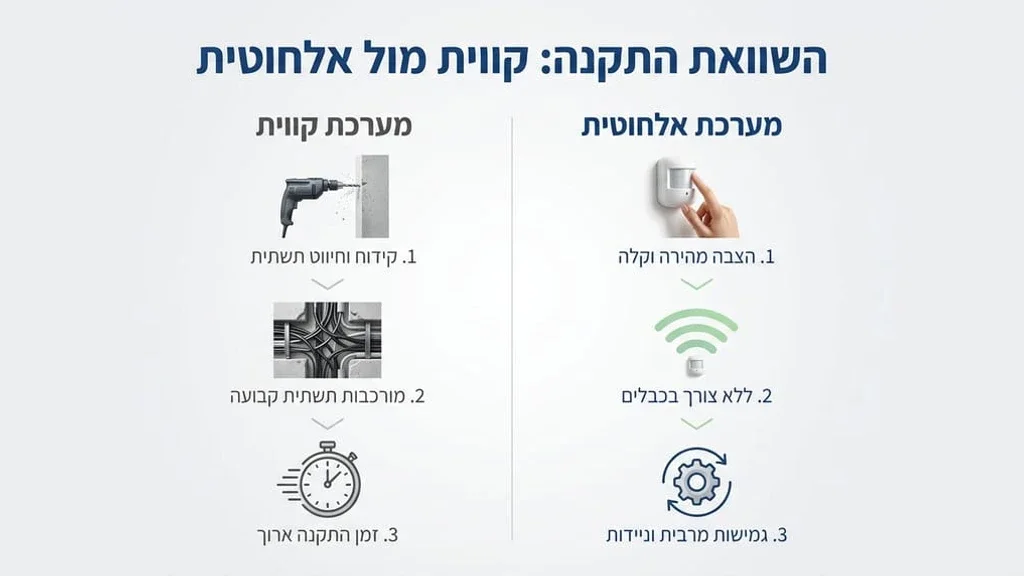 אחרי טבלת ההשוואה בין מערכת קווית לאלחוטית ולפני ההסבר על שלבי ההתקנה. טכנאי מקצועי מתקין חיישן תנועה על קיר